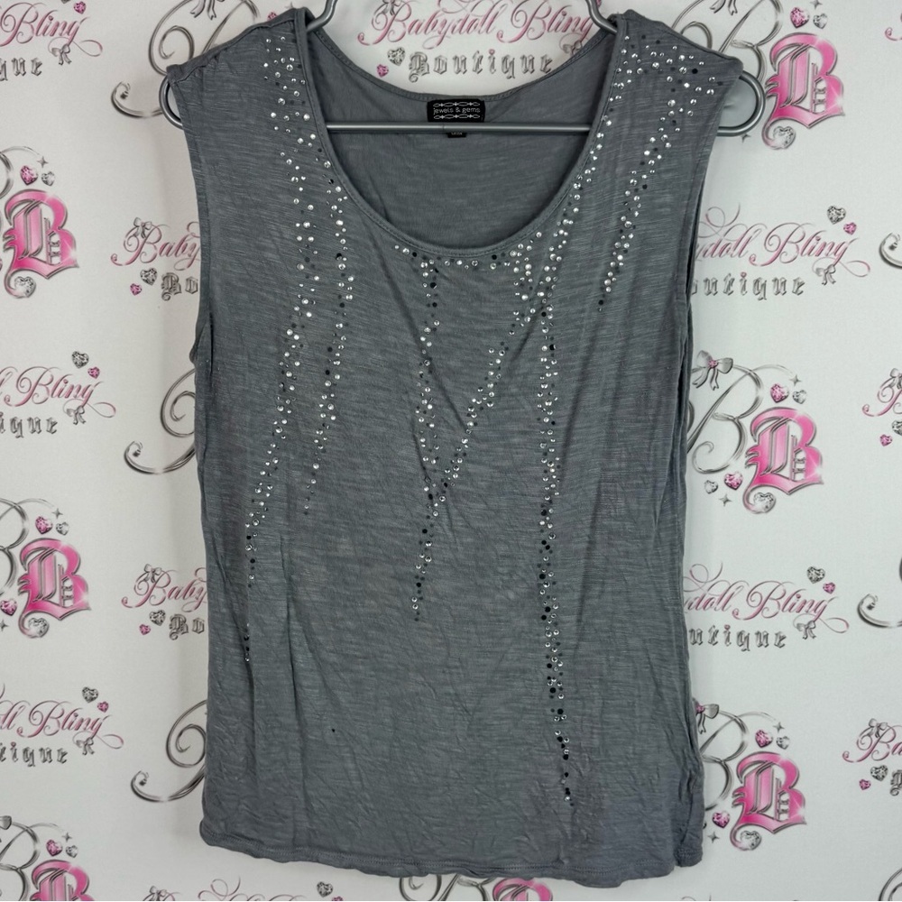 Jewels & gems tank top rhinestone gem 💎 Elegant Gray Embellished Tank Top